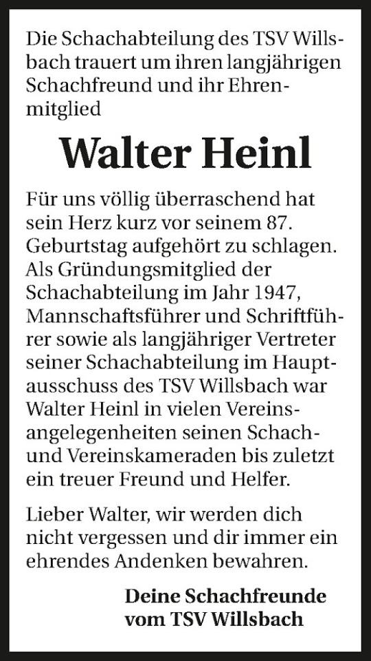 walter heinl todesanzeige wilsbach schach